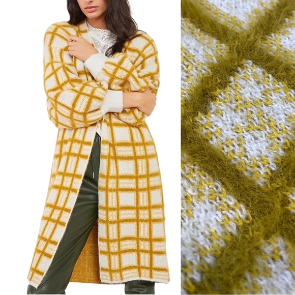 Anthropologie Sweaters - NWT Anthropologie Windowpane Cozy Knit Kimono Yellow White Cardigan One Size
